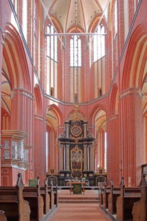 Interior view of the Gothic UNESCO St. Nikolai Church, chancel, Brick Gothic, Brick church, Wismar,