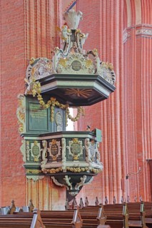 Pulpit with pulpit bonnet built in 1708, baroque, decorations, wood carvings, craftsmanship, art,
