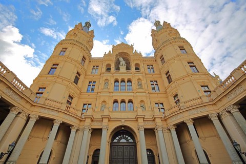 Renaissance castle, Mecklenburg-Western Pomerania state parliament, inner courtyard, view upwards,