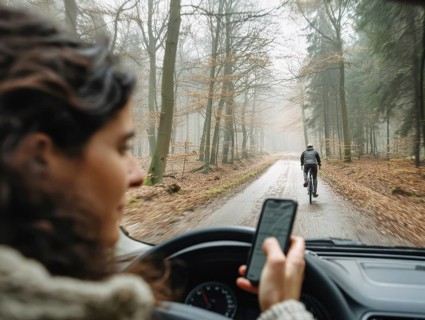 A car driver looks at her smartphone while driving and puts herself and the cyclist in front in