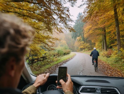 A car driver looks at his smartphone while driving and puts himself, the cyclist in front and