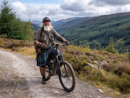 A senior, Highlander with a Scottish kilt sits on a mountain bike, e-bike, pedelec, AI generated,