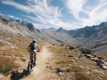 A single female mountain biker quickly rides a trail in the high mountains, motion blur, AI