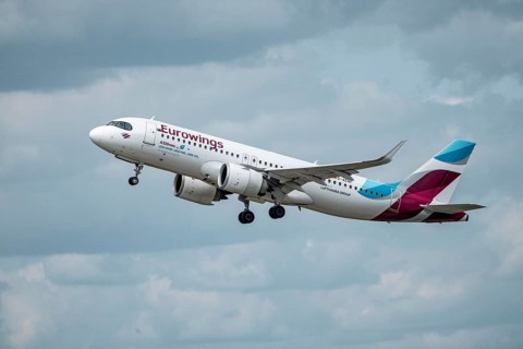 Eurowings Airbus A320neo, takes off from Düsseldorf Airport, North Rhine-Westphalia, Germany
