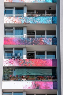High-rise residential building, in Essen-Steele, with colourfully designed façade, balcony