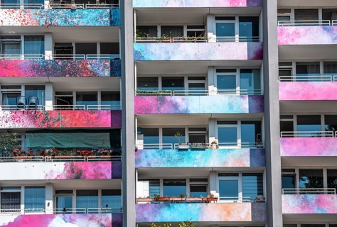 High-rise residential building, in Essen-Steele, with colourfully designed façade, balcony