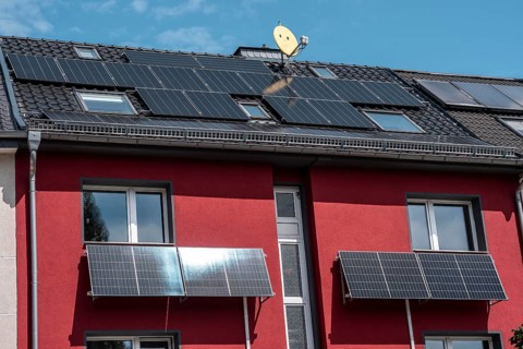Residential building with photovoltaic modules on the façade and roof, North Rhine-Westphalia,