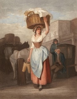 Young woman, merchant with a large basket on her head, on her way to market, England, c. 1790,