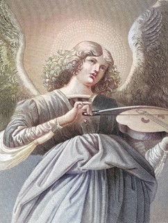 Music-making angel with a violin, An angel with curly hair plays the violin, surrounded by a