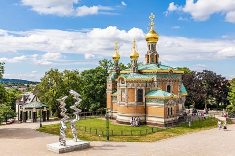 Sculpture by Tony Cragg and Russian Chapel, Mathildenhöhe Darmstadt, artists' colony, Darmstadt,