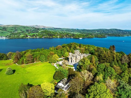 Wray Castle from a drone, Lake Windermere, Ambleside, Lake District, Cumbria, England, United