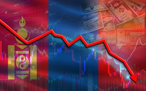 Mongolia financial fall on economy market. Mongolia financial crisis on economic graph