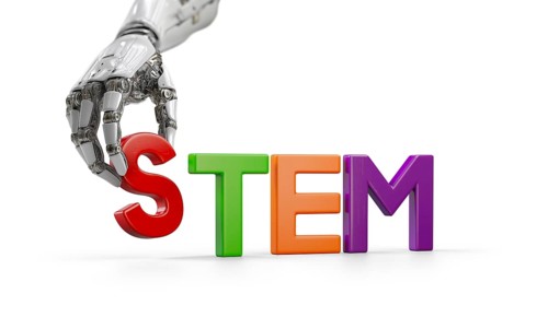 Robotic hand placing magnetic plastic letter down next to other letters to spell STEM for science,