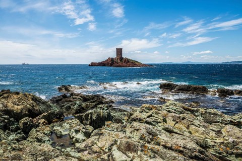 Island with tower and red rocks, Ile d'or, Cap du Dramont, Saint-Raphaël, Massif de l'Esterel,