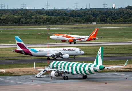 Düsseldorf Airport, Condor Airbus A321-200, aircraft on the apron, Eurowings Airbus on the taxiway