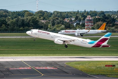 Düsseldorf Airport, Eurowings Airbus A321-231 on take-off, Flypgs.com, Pegasus aircraft after