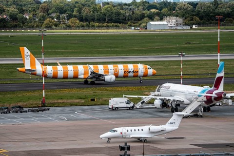 Düsseldorf Airport, Condor Airbus aircraft on the apron, Eurowings Airbus, private aircraft Cessna