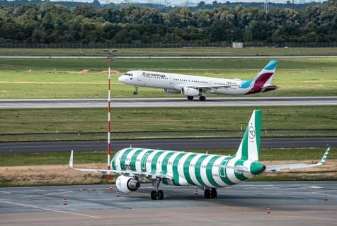 Düsseldorf Airport, Condor Airbus A321-200, aircraft on the apron, Eurowings Airbus A321-231, on