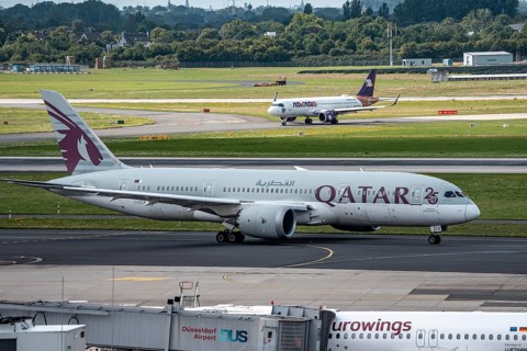 Düsseldorf Airport, Qatar Boeing 787-8 Dreamliner on the way to take-off, Air Cairo aircraft after