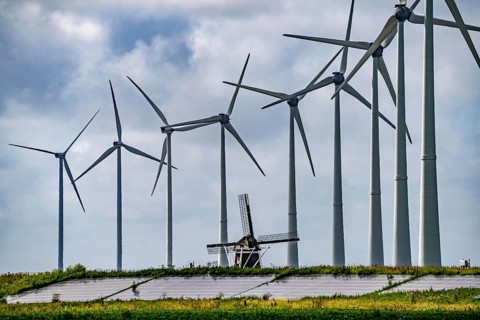 Westereems and Growind wind farms, over 80 wind turbines in total, at the seaport of Eemshaven,