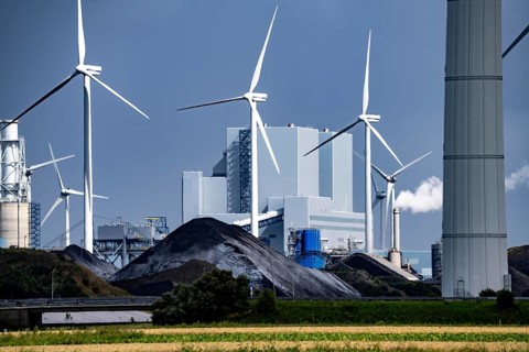 RWE coal-fired power plant Eemshavencentrale, in the seaport of Eemshaven, operator RWE Power, wind