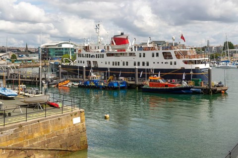 Hebridean Princess historic cruise ship vessel, Sutton Harbour, Plymouth, Devon, England, UK