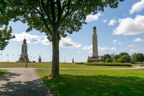 Historic monuments and statues on Plymouth Hoe public park, Plymouth, Devon, England, UK