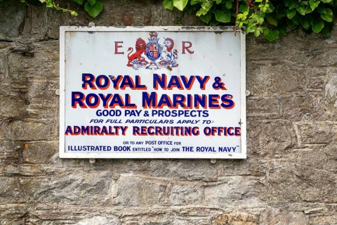 Historic Royal Navy and Royal Marines recruitment notice, Hoe Road, city of Plymouth, Devon,