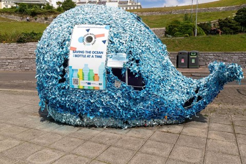 Blue whale sculpture, Plastic bottle anti-pollution campaign, Plymouth, Devon, England, UK