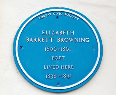 Blue plaque for Elizabeth Barrett Browning poet 1806-1861, Torquay, Devon, England, UK