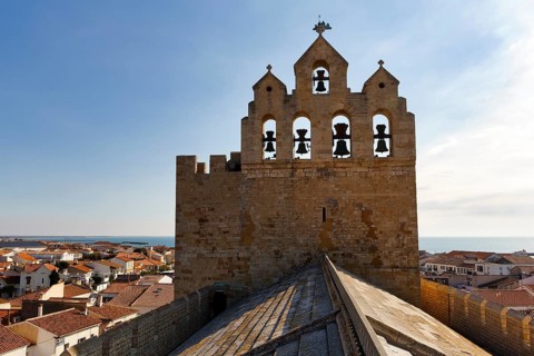 Bell tower of Notre-Dame-de-la-Mer church, panoramic view, view of the town and the sea from the