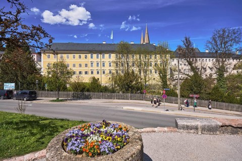 Royal Castle Berchtesgaden, general architecture, trees, lawn, wooden fence, parking strip with
