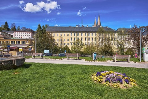 Royal Castle Berchtesgaden, general architecture, benches, lantern, lawn, trees, wooden fence,