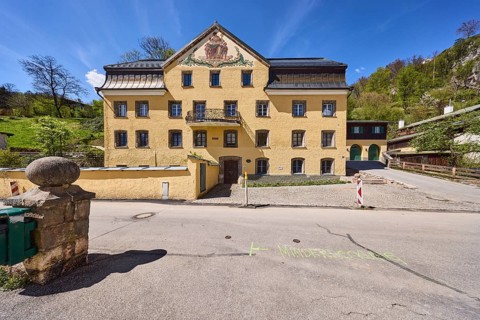 Historic buildings, frescoes, aerial painting, facade, window, balcony, mountain landscape, hill,