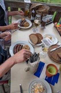 Food in a pub in Middle Franconia, sausages with sauerkraut and bread, Middle Franconia, Bavaria,