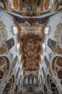 Interior with organ loft, ceiling frescoes in the nave from 1746, St Martinus and Maria Church,