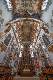 Interior and chancel, ceiling frescoes in the nave from 1746, St Martinus and Maria Church, 14th