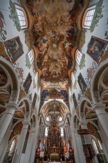 Interior with ceiling frescoes in the nave from 1746, St Martinus and Maria Church, 14th century,