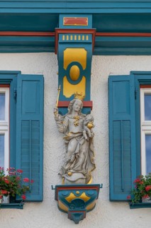Statue of the Virgin Mary on a house, Biberach an der Riß, Baden-Württemberg, Germany