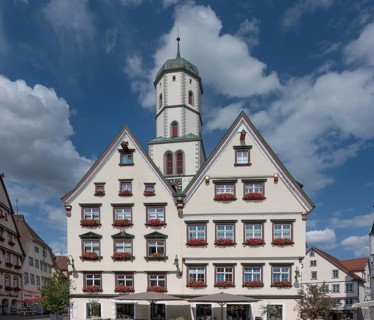 Gabled houses with a view of the tower of St Martin's Church, market square, Biberach,