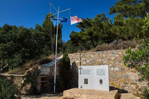 HMS Intrepid, British battleship, Greek battleship AT Olga, memorial with two flags and a plaque in