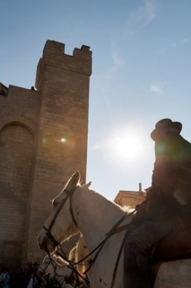 Guardian of the Camargue, rider on Camargue horse in front of the church, sunbeams, backlight,