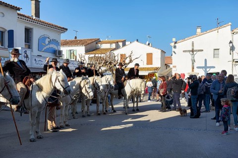 Guardians of the Camargue, traditional shepherds, riders on Camargue horses, spectators,