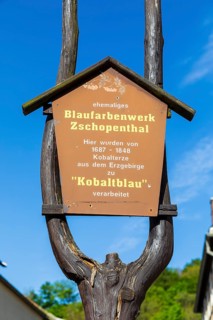 Signpost to the Zschopenthal blue colour factory, Grünhainichen, Erzgebirge, Saxony, Germany