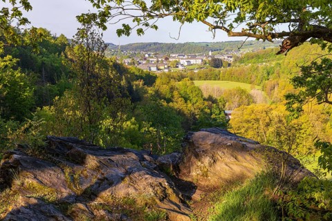 Viewpoint Teufelsnase with view over the Zschopau valley with aqueduct and town view of Zschopau,