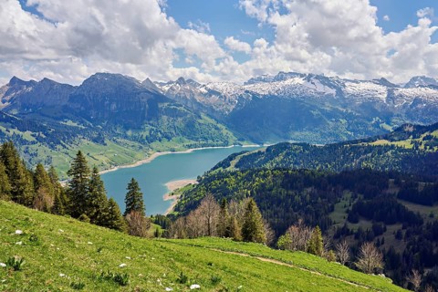 View of the snow-covered Alps and Lake Wägital, Canton Schwyz, Switzerland