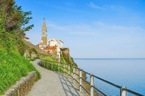 Way to the church of St George, sea, blue sky, church, Piran, Slovenia