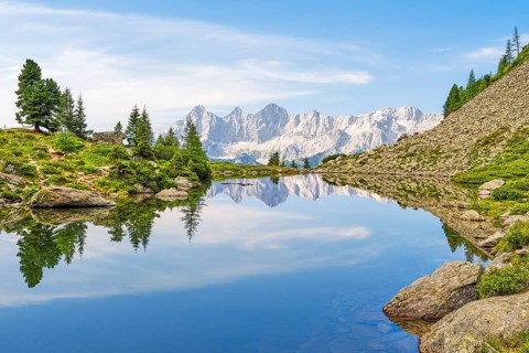 Mirror lake with view to the Dachstein, reflection, mountains, Dachstein massif, Reiteralm,