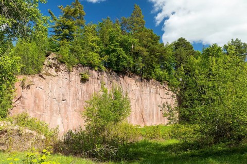Porphyry rocks for climbers in the former Seidel quarry on Rochlitzer Berg, Saxony, Germany