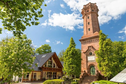 Restaurant and observation tower Friedrich-August-Turm made of porphyry on the Rochlitzer Berg,